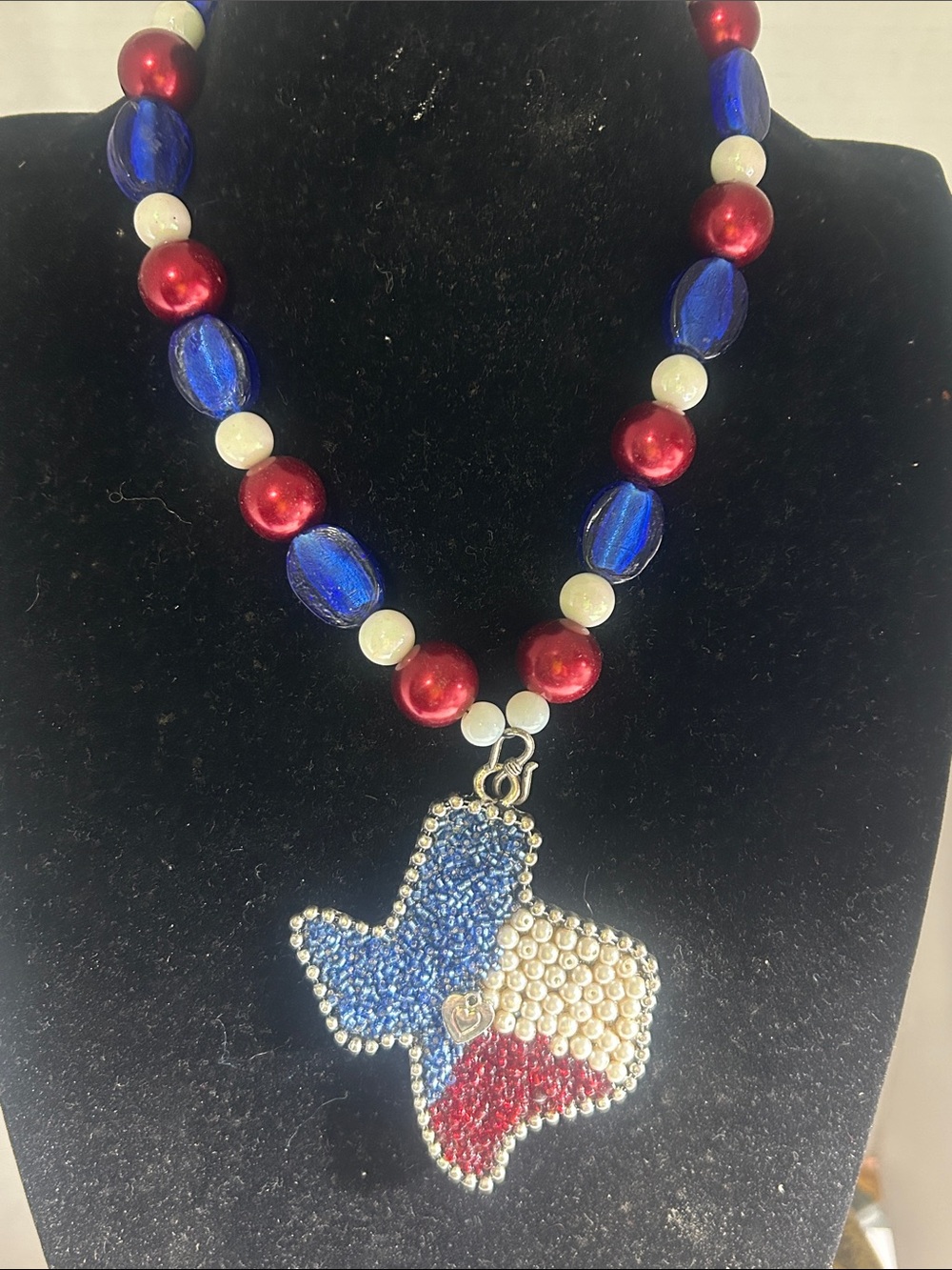 Patriotic Texas Beaded Necklace with Pendant - Red White Blue